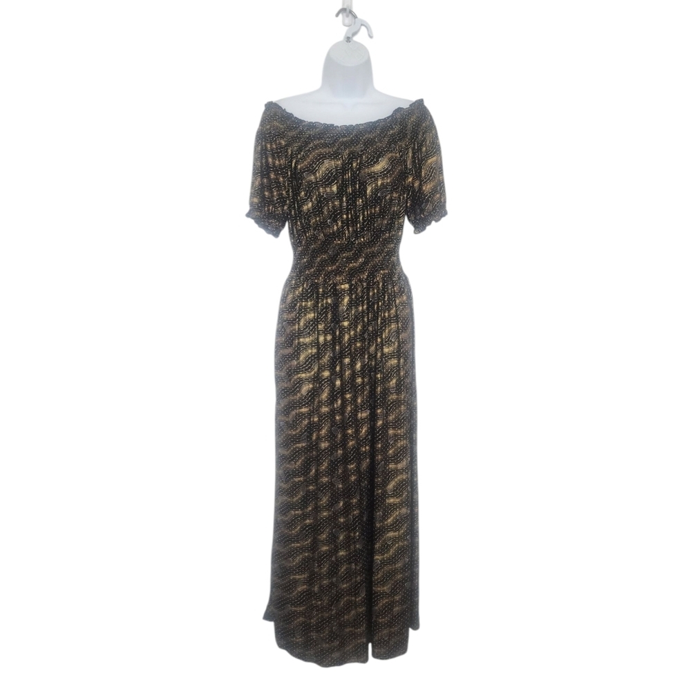 NWOT ACE Fashion Maxi Dress Boho Psychedelic Gold Paisley Ruched Waist Stretch. - Picture 2 of 8